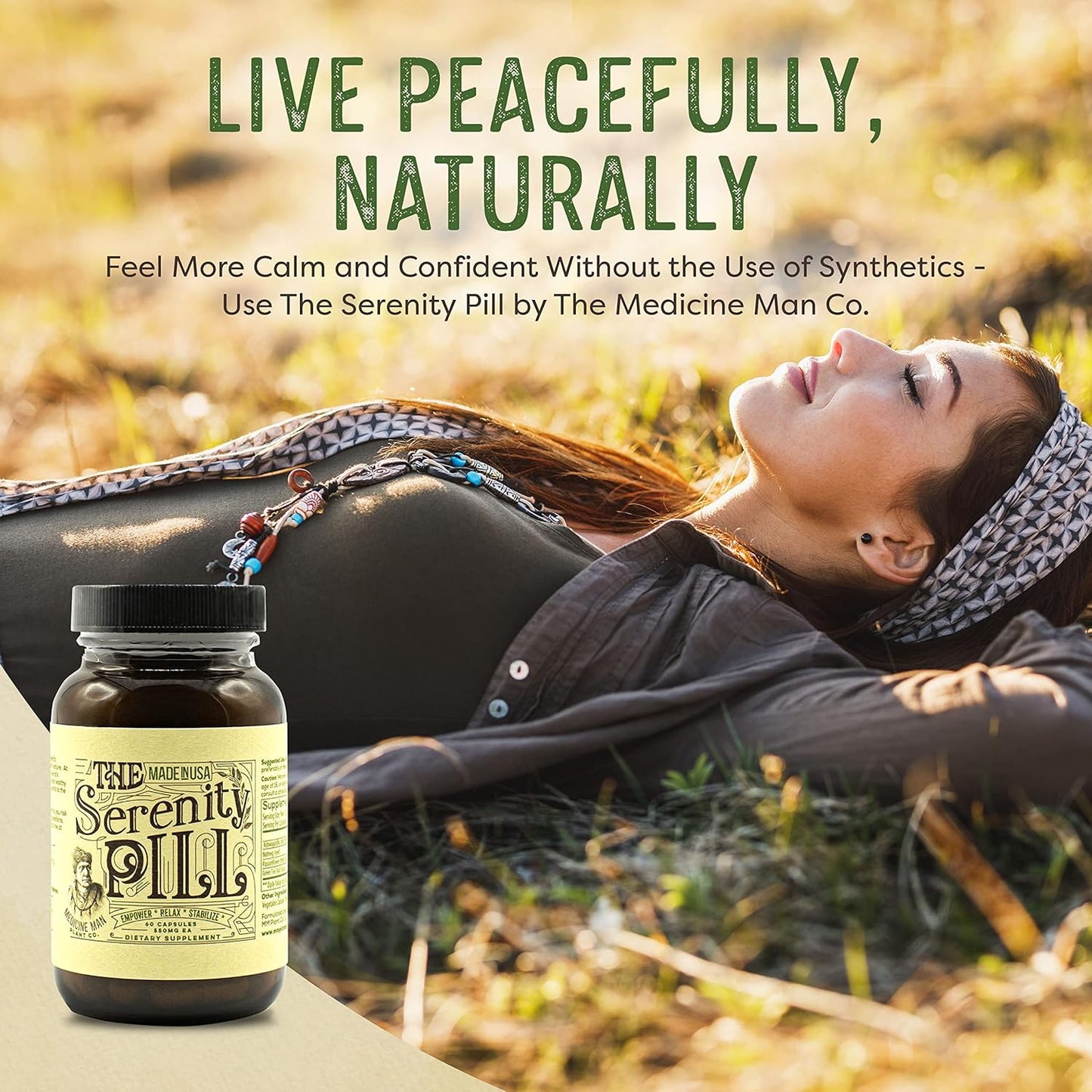 Organic Serenity Pill with Ashwagandha, Passion Flower, Nutmeg, Green Tea Extract - 60 Capsules - Natural Anti-Stress Supplement by Medicine Man Plant Co