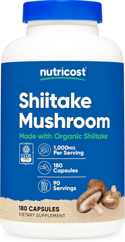 Organic Shiitake Mushroom Capsules 1000mg - 180 Capsules, 90 Servings, Vegetarian, Gluten Free, CCOF Certified Made with Organic