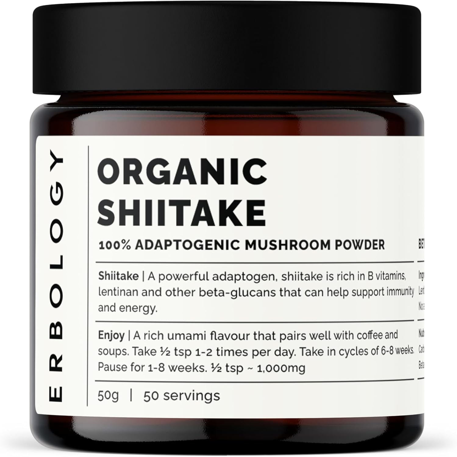 Organic Shiitake Mushroom Powder: Immunity & Energy Boost - 50 Servings - 11% Beta-glucans - Lentinula edodes - Small Batch - Vegan & Non-GMO