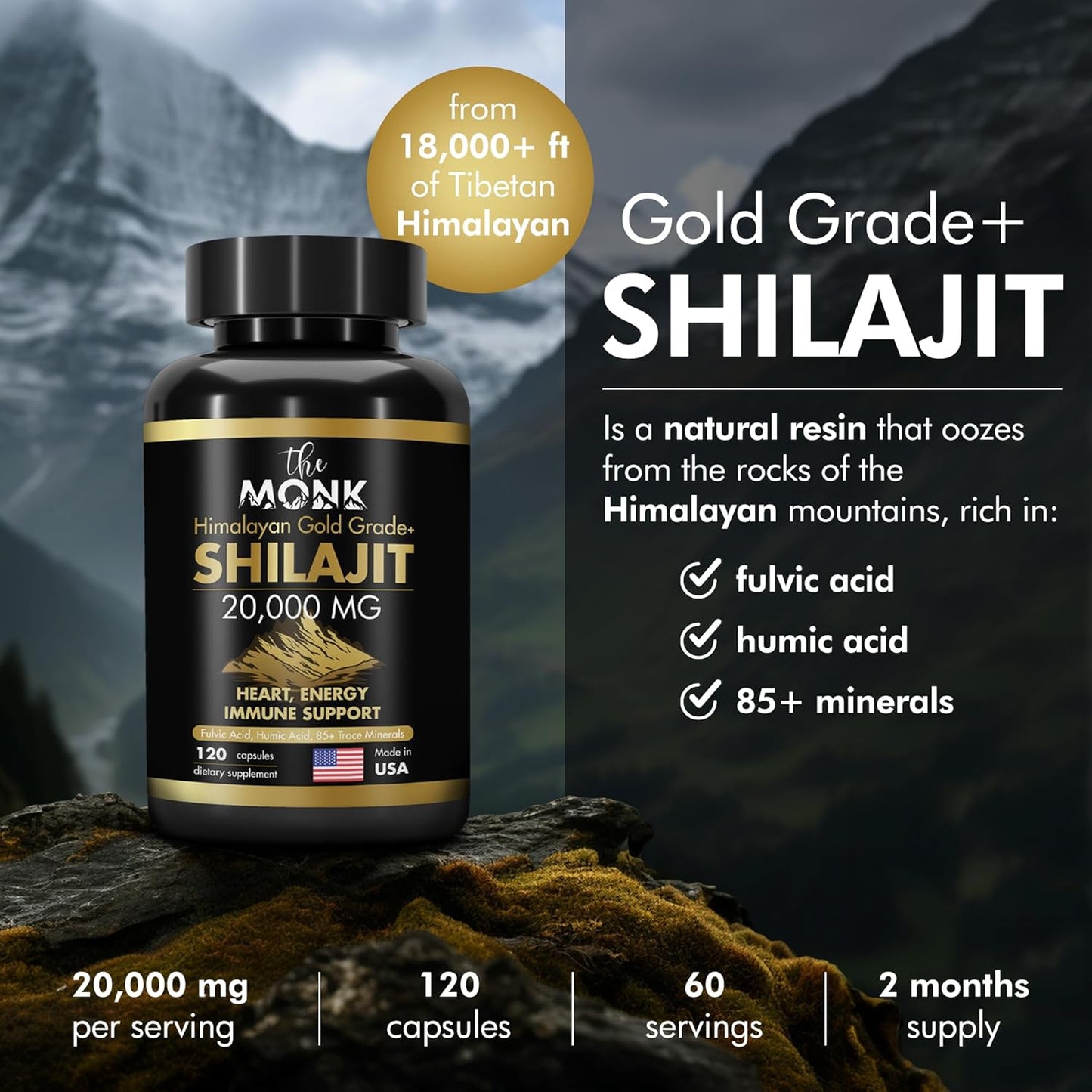 Organic Shilajit Capsules with Fulvic Acid & 85+ Minerals - Gold Grade Plus - Energy, Stamina, Brain Support - 20,000mg - Made in USA