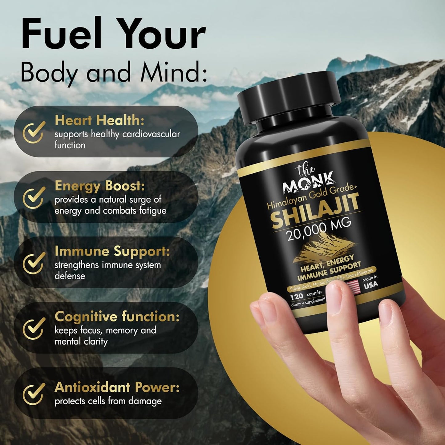 Organic Shilajit Capsules with Fulvic Acid & 85+ Minerals - Gold Grade Plus - Energy, Stamina, Brain Support - 20,000mg - Made in USA