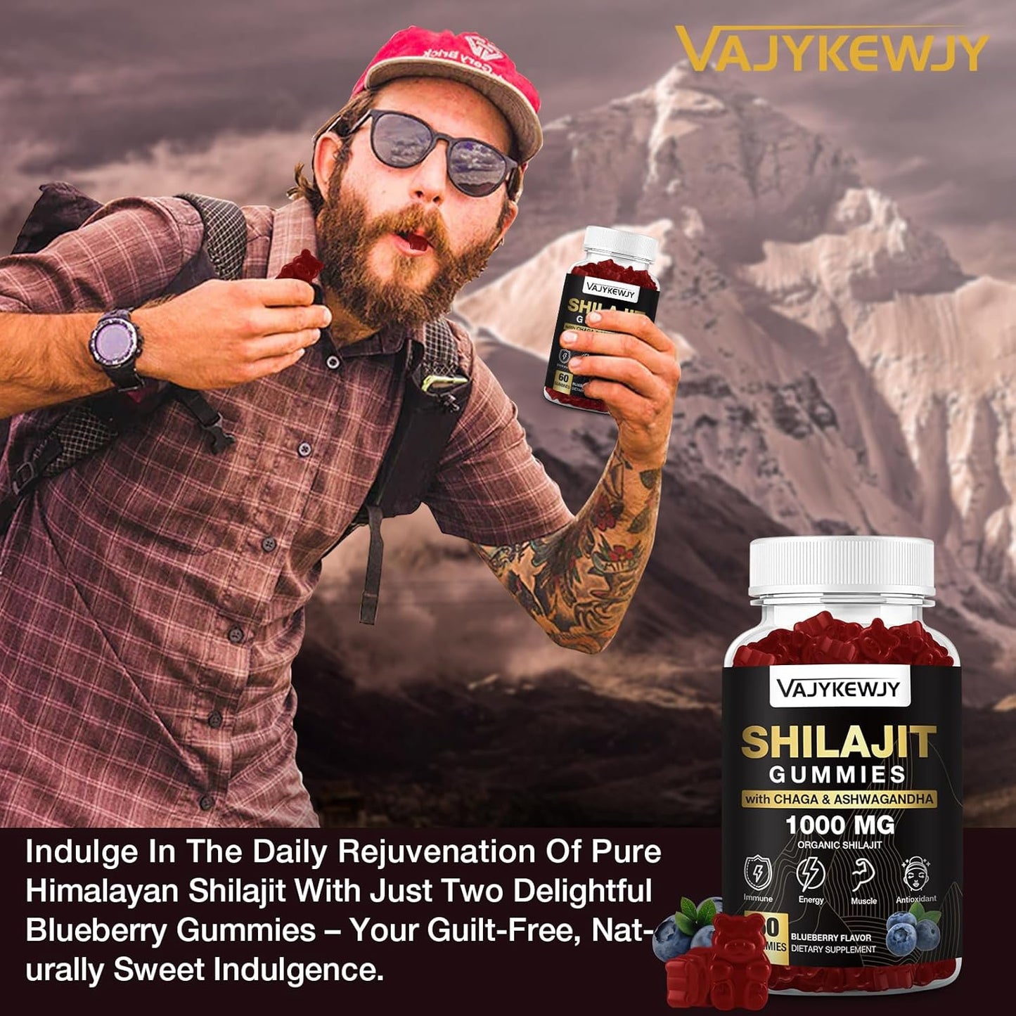 Organic Shilajit Gummies 1000mg with 85+ Trace Minerals, Fulvic Acid - Himalayan Shilajit Resin for Energy, Brain, Immunity - Men & Women - 60 Count