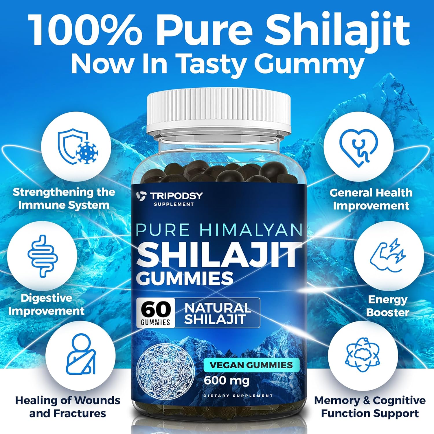 Organic Shilajit Gummies with 90+ Trace Minerals for Energy & Immune Support - 60 Count