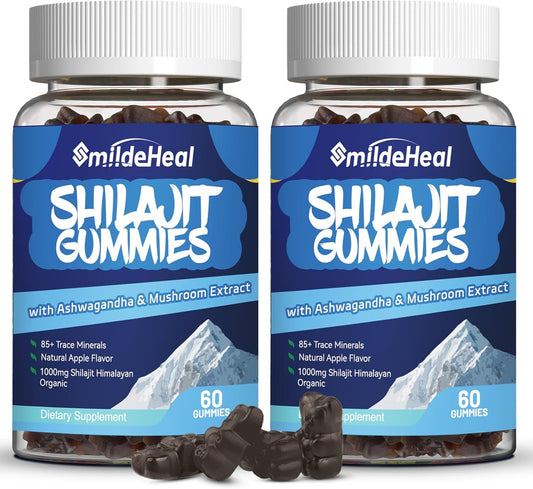 Organic Shilajit Gummies with Ashwagandha and Mushroom for Energy, Brain, and Immunity Support - 1000 MG, 85+ Trace Minerals - 120 Count for Men & Women