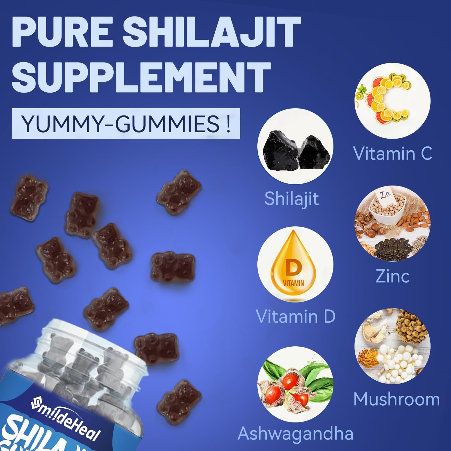 Organic Shilajit Gummies with Ashwagandha and Mushroom for Energy, Brain, and Immunity Support - 1000 MG, 85+ Trace Minerals - 120 Count for Men & Women