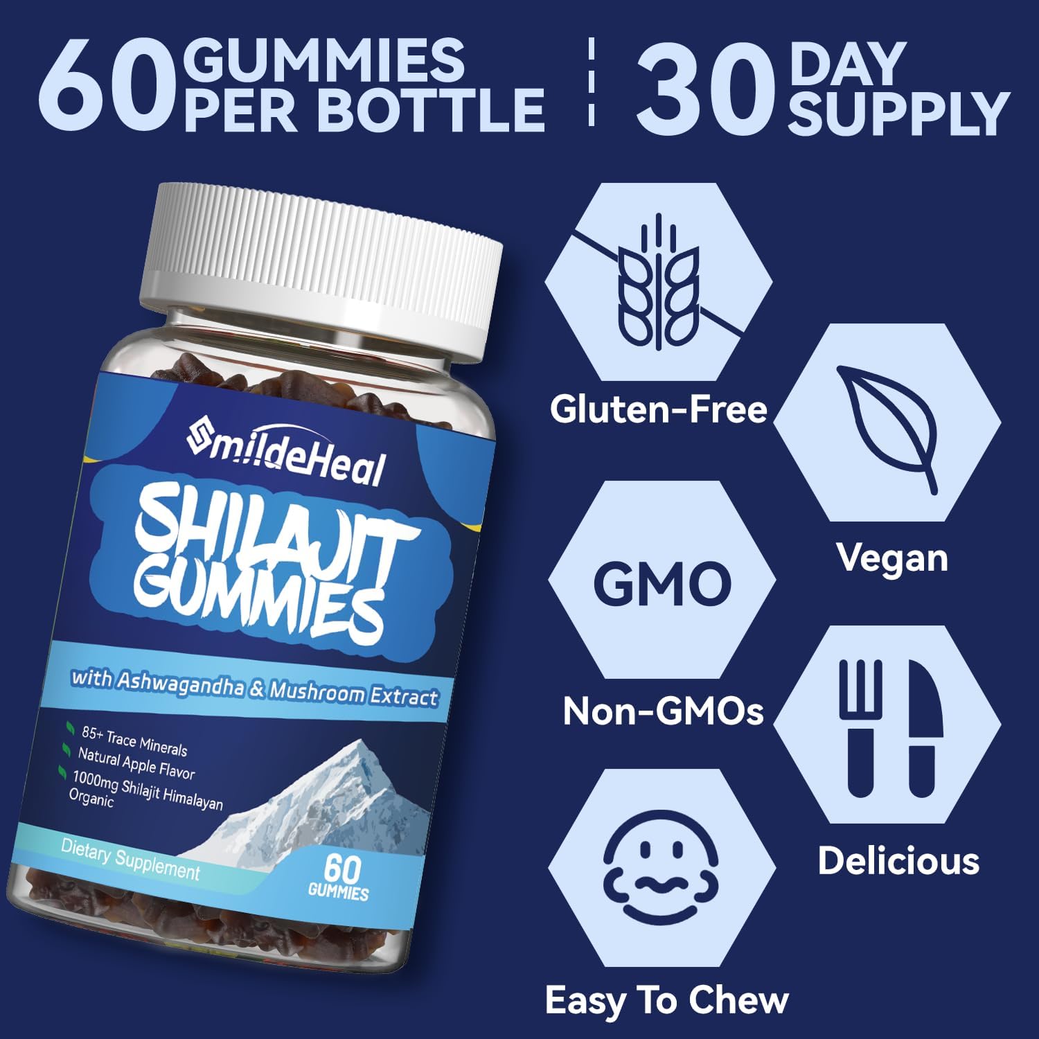 Organic Shilajit Gummies with Ashwagandha and Mushroom for Energy, Brain, and Immunity Support - 1000 MG, 85+ Trace Minerals - 120 Count for Men & Women