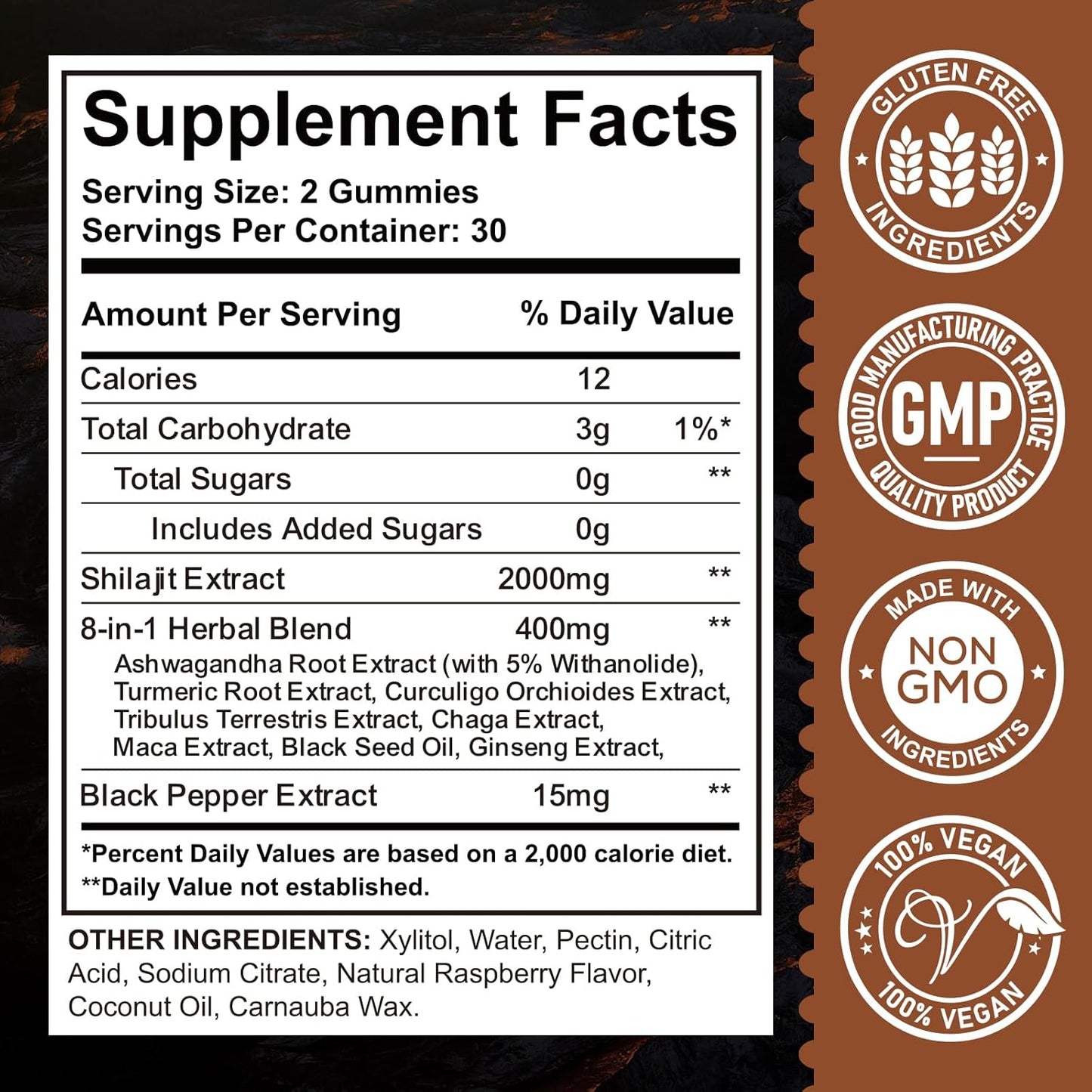 Organic Shilajit Gummies with Ashwagandha & Maca for Energy & Immunity - 2000mg Himalayan Shilajit Resin with 85+ Trace Minerals - Sugar Free Raspberry Flavor - 60ct