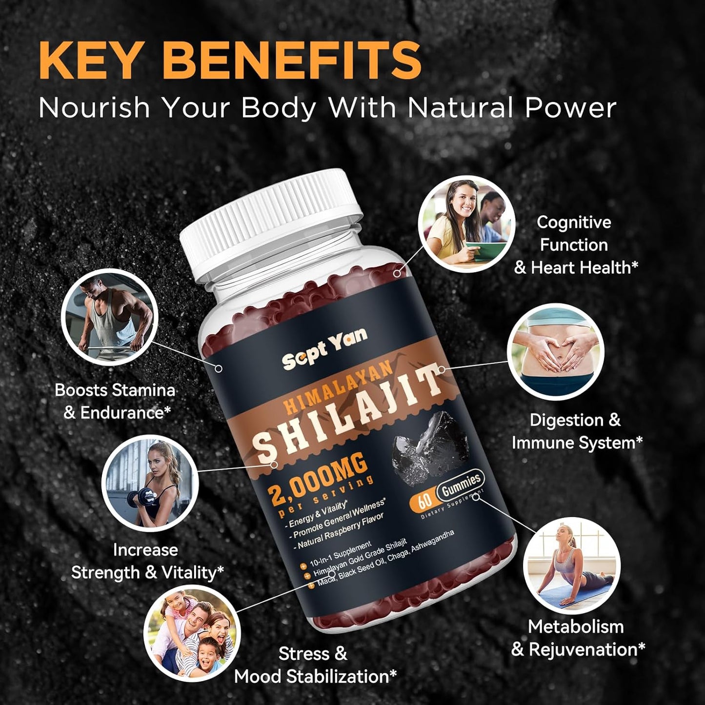 Organic Shilajit Gummies with Ashwagandha & Maca for Energy & Immunity - 2000mg Himalayan Shilajit Resin with 85+ Trace Minerals - Sugar Free Raspberry Flavor - 60ct