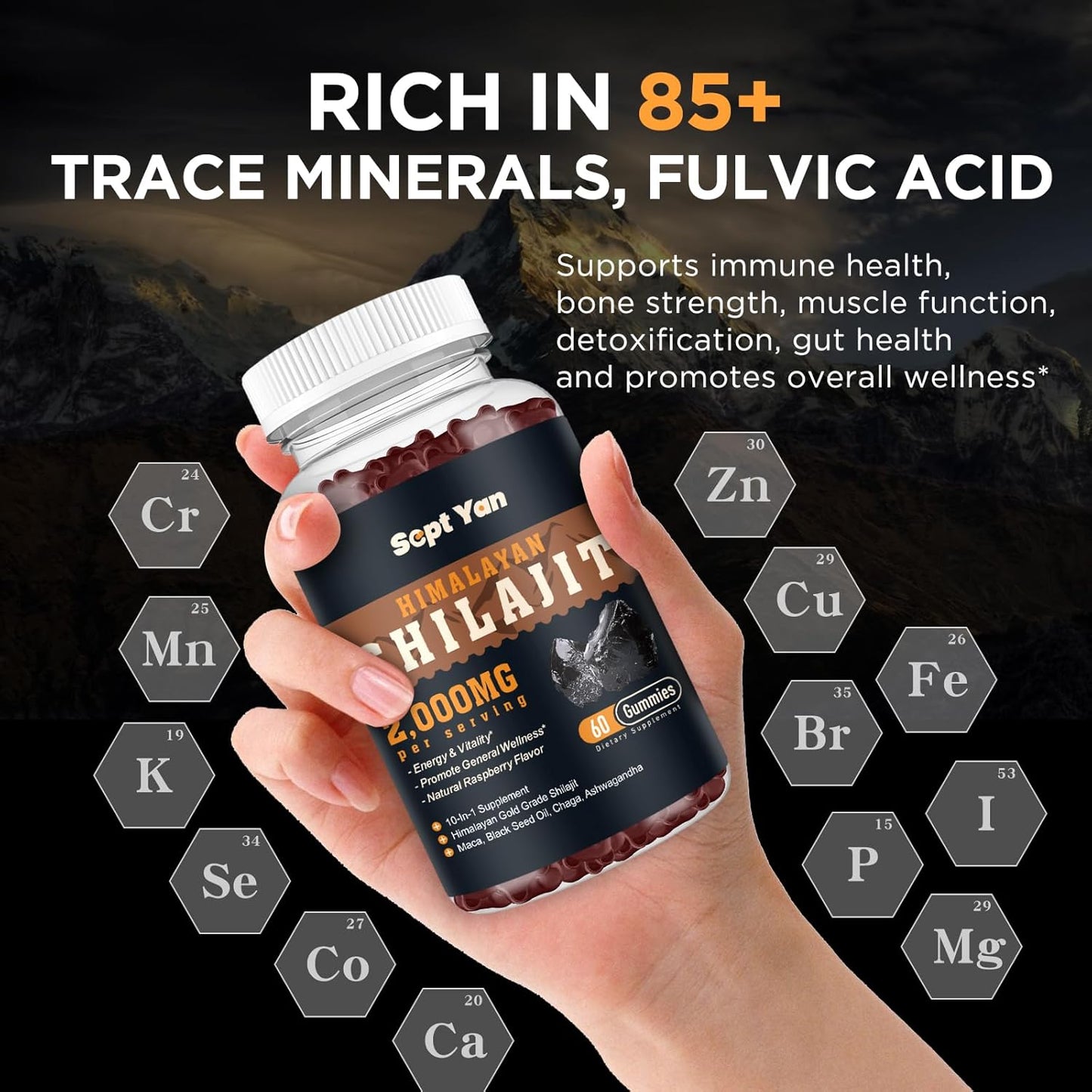 Organic Shilajit Gummies with Ashwagandha & Maca for Energy & Immunity - 2000mg Himalayan Shilajit Resin with 85+ Trace Minerals - Sugar Free Raspberry Flavor - 60ct