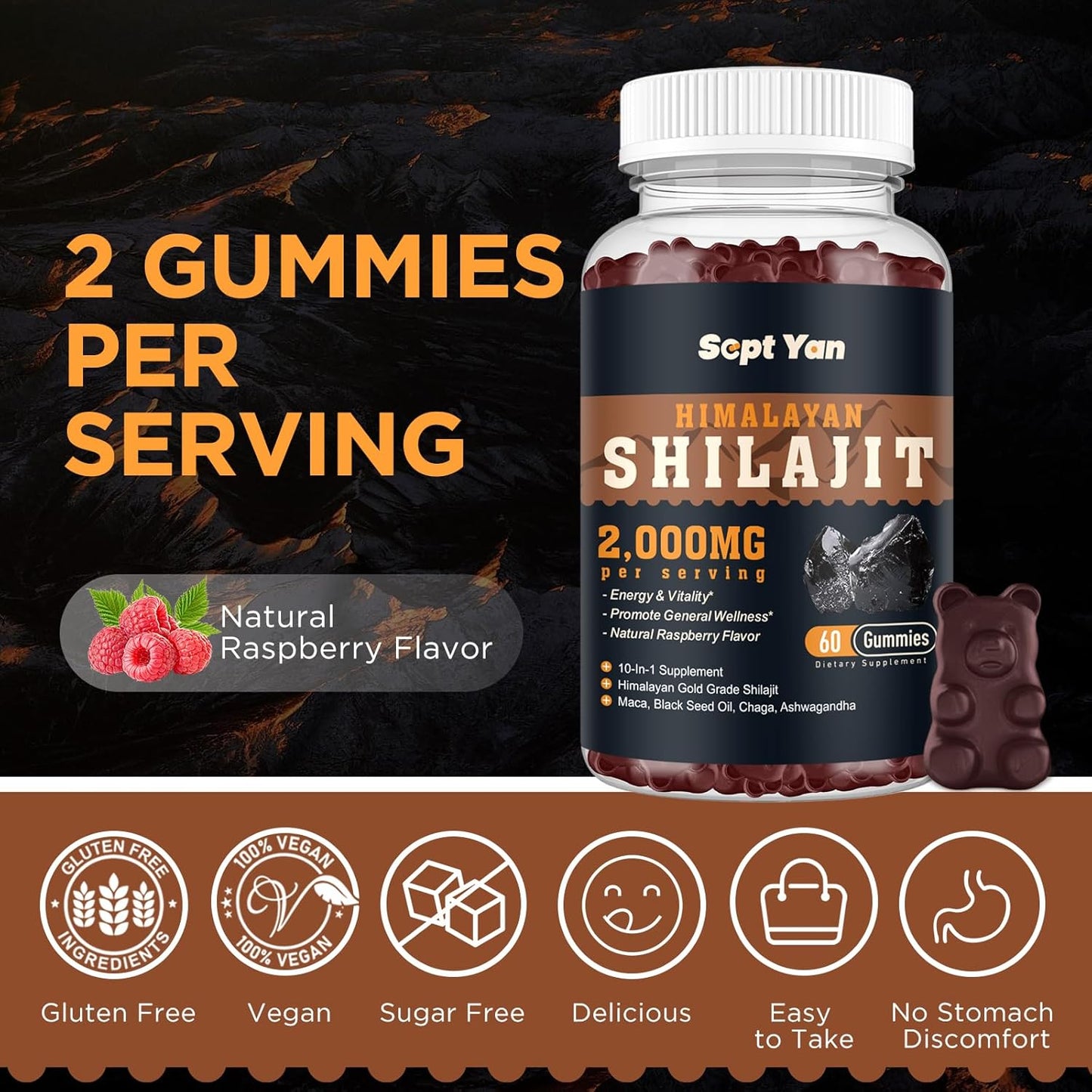Organic Shilajit Gummies with Ashwagandha & Maca for Energy & Immunity - 2000mg Himalayan Shilajit Resin with 85+ Trace Minerals - Sugar Free Raspberry Flavor - 60ct