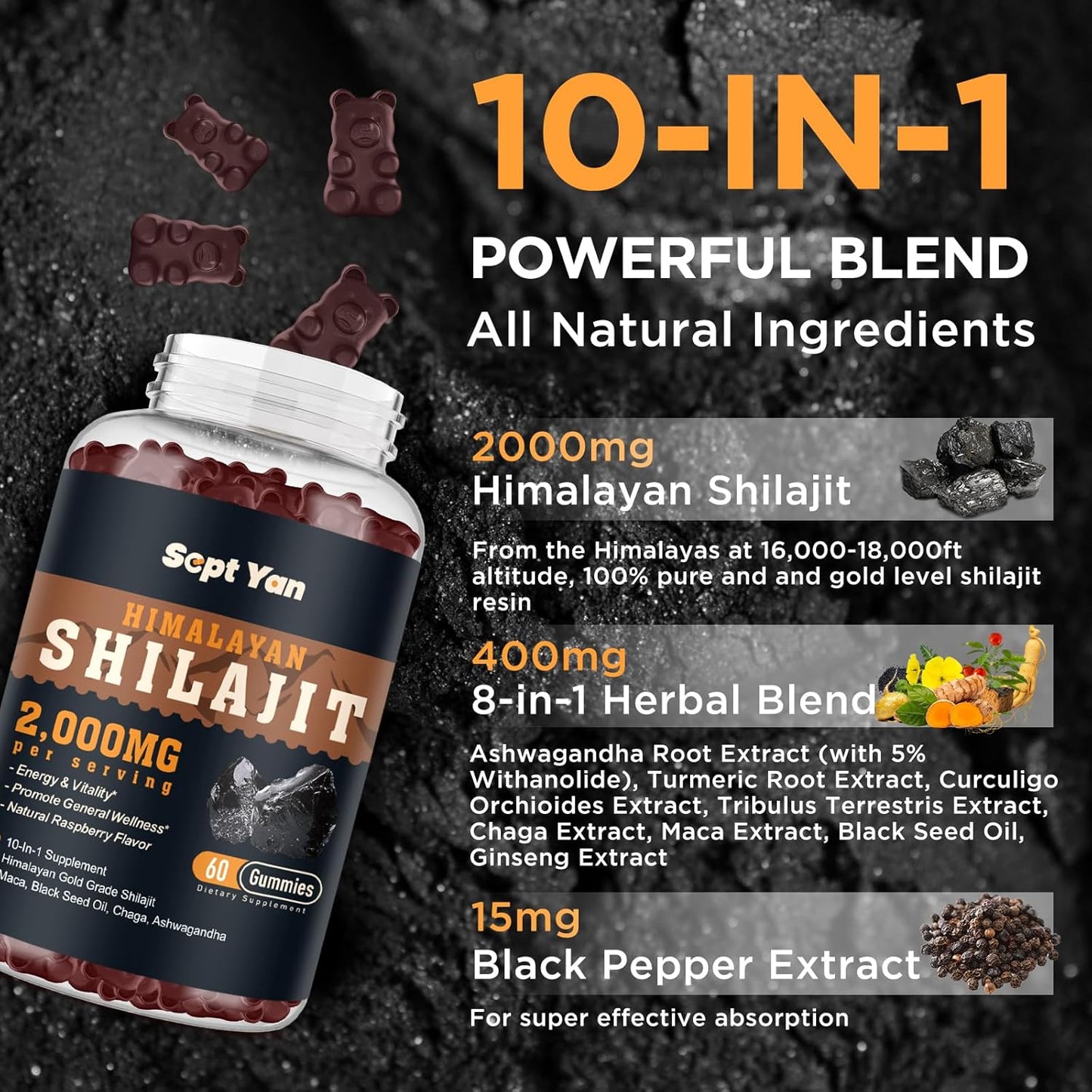 Organic Shilajit Gummies with Ashwagandha & Maca for Energy & Immunity - 2000mg Himalayan Shilajit Resin with 85+ Trace Minerals - Sugar Free Raspberry Flavor - 60ct