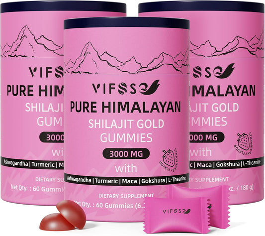 Organic Shilajit Gummies with Ashwagandha & Turmeric - 3000 Mg Pure Himalayan Supplement for Energy - Non-GMO Sugar-Free Gummies for Men & Women - 180 Gummies