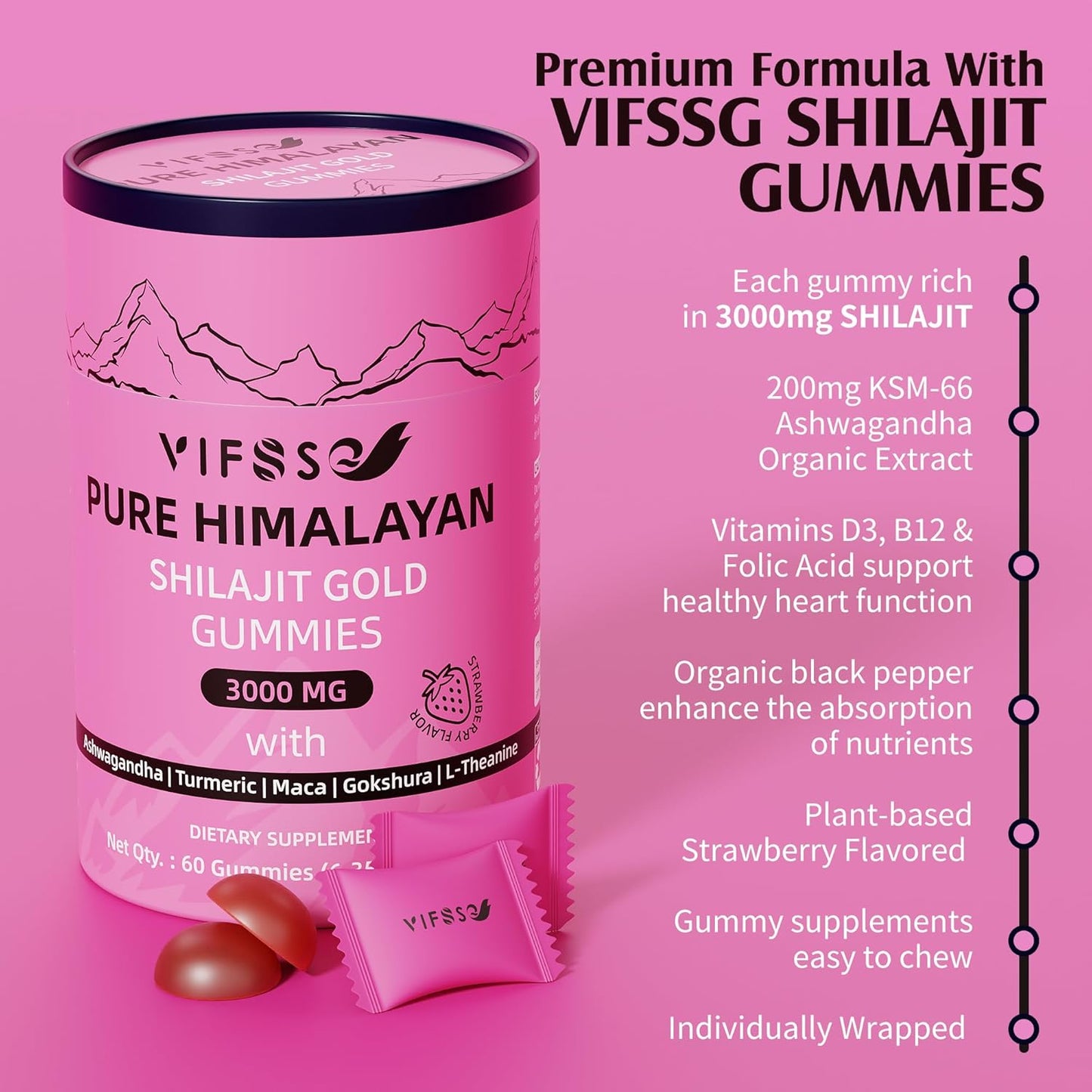 Organic Shilajit Gummies with Ashwagandha & Turmeric - 3000 Mg Pure Himalayan Supplement for Energy - Non-GMO Sugar-Free Gummies for Men & Women - 180 Gummies