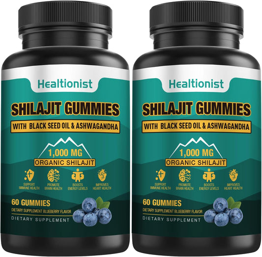 Organic Shilajit Gummy Supplement 1000 MG - 2 Pack, 85+ Trace Minerals, Fulvic Acid, Himalayan Gummies for Energy, Brain, Immunity - 120 Count