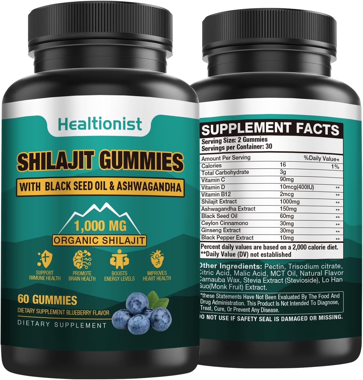 Organic Shilajit Gummy Supplement: 1000 MG with 85+ Trace Minerals for Energy, Brain, and Immunity - 60 Count Pack for Men and Women