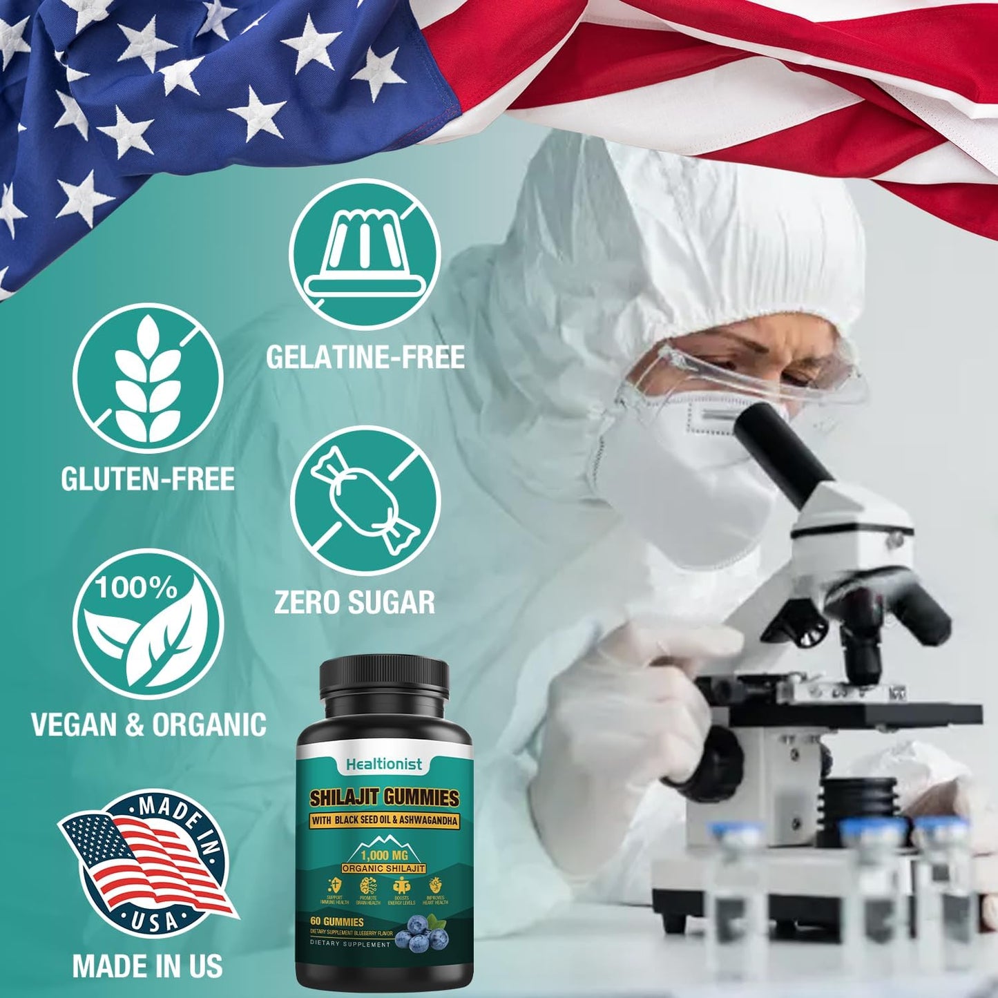 Organic Shilajit Gummy Supplement: 1000 MG with 85+ Trace Minerals for Energy, Brain, and Immunity - 60 Count Pack for Men and Women