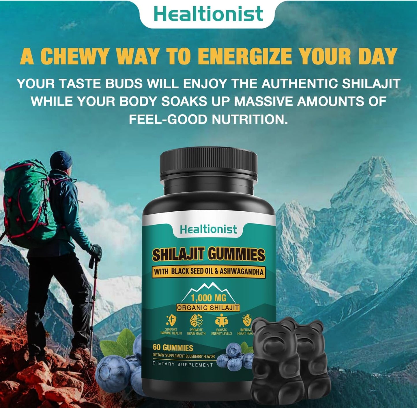 Organic Shilajit Gummy Supplement: 1000 MG with 85+ Trace Minerals for Energy, Brain, and Immunity - 60 Count Pack for Men and Women