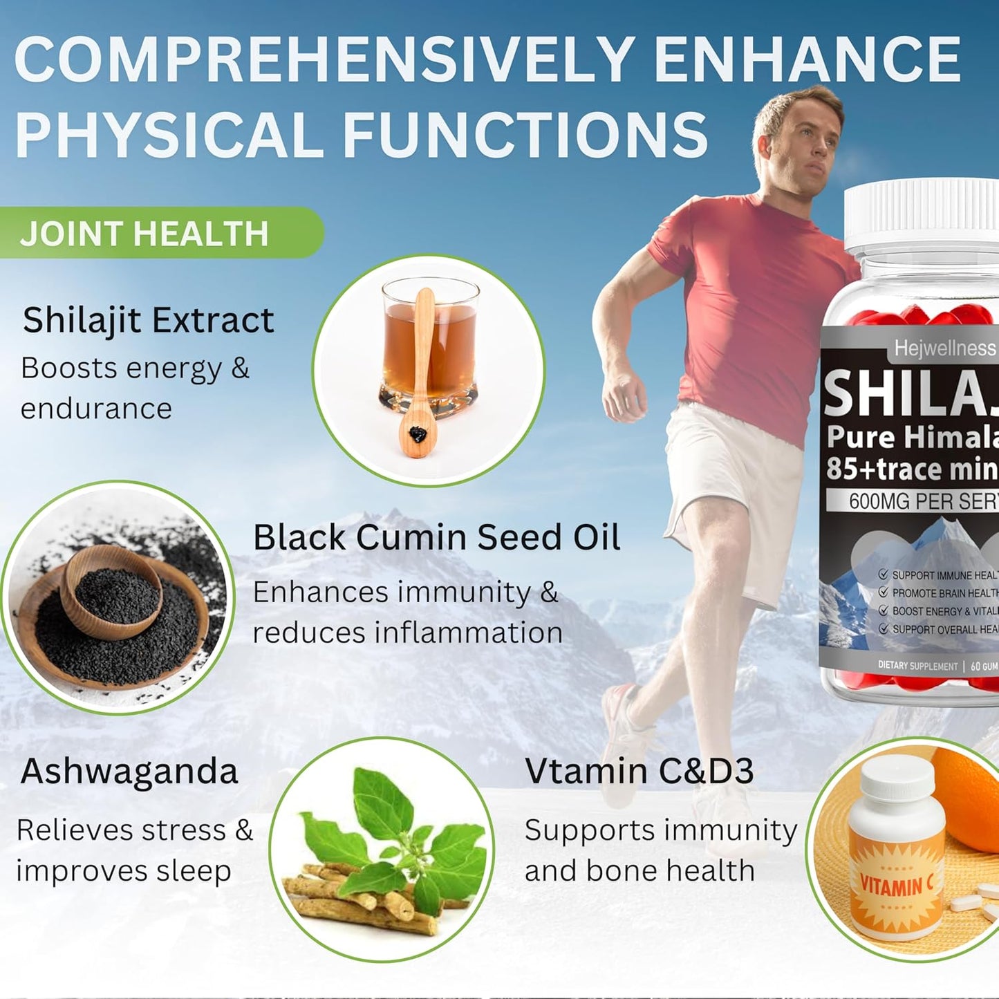 Organic Shilajit Gummy Supplement with 85+ Trace Minerals & Ashwagandha - Energy Boost for Men & Women - 60 Gummies - Apple Flavor