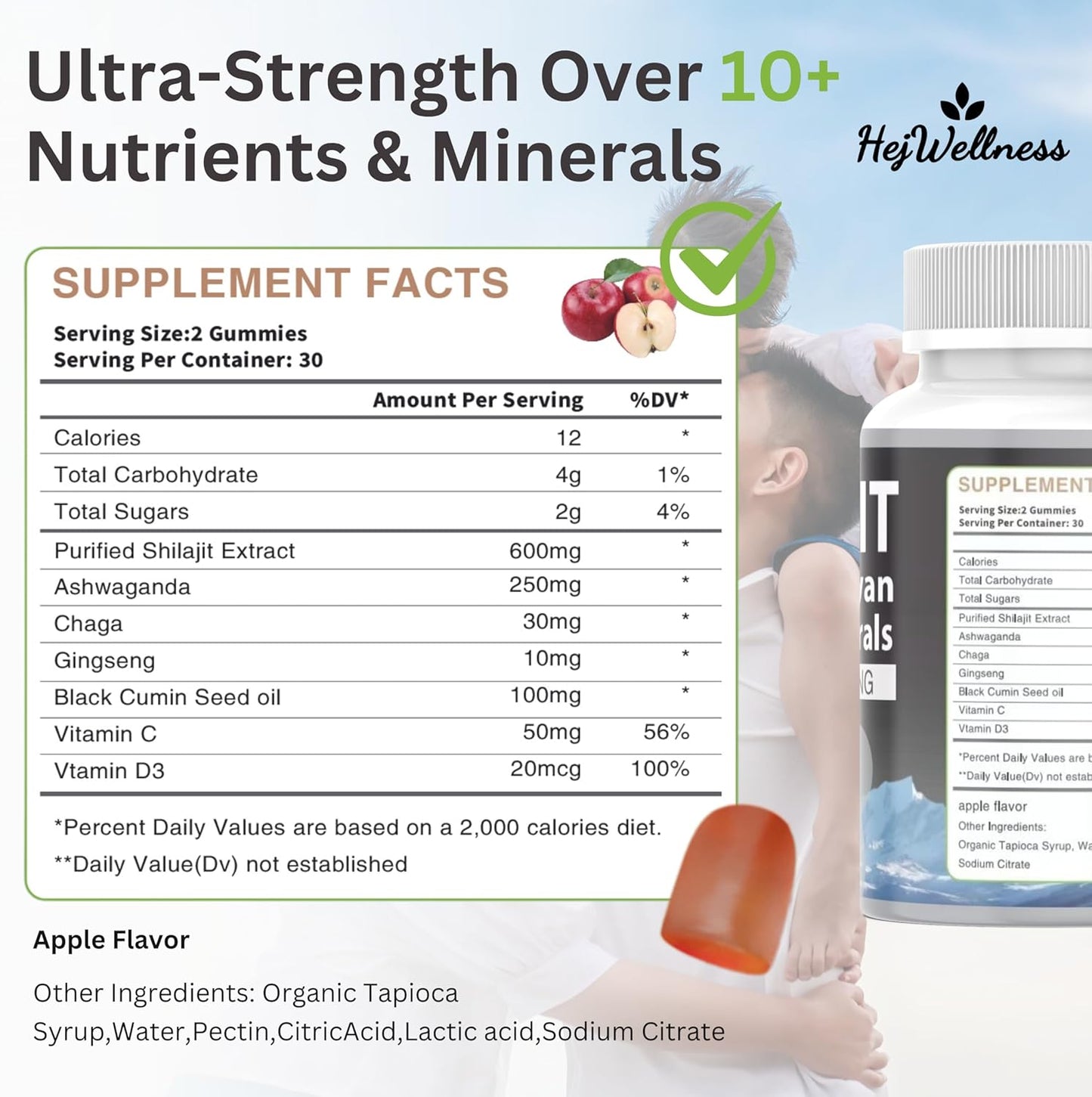 Organic Shilajit Gummy Supplement with 85+ Trace Minerals & Ashwagandha - Energy Boost for Men & Women - 60 Gummies - Apple Flavor