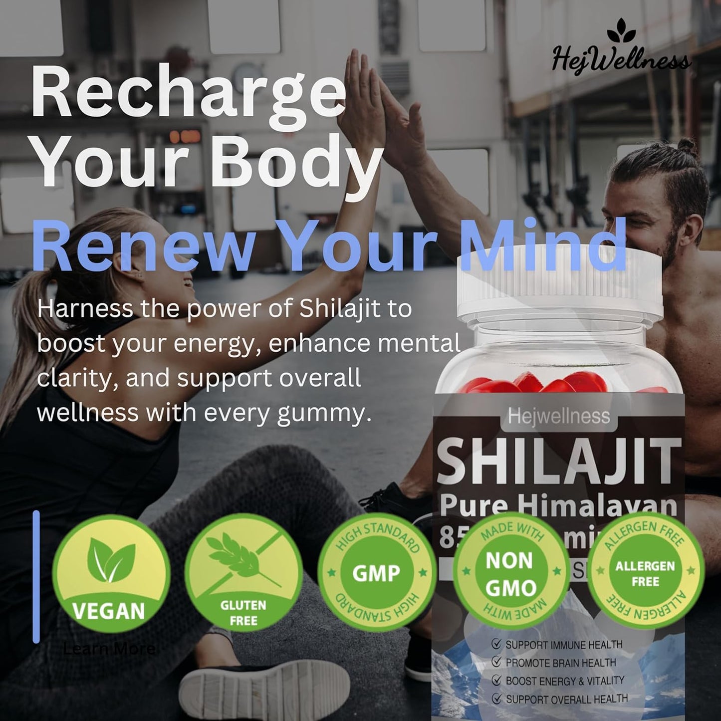 Organic Shilajit Gummy Supplement with 85+ Trace Minerals & Ashwagandha - Energy Boost for Men & Women - 60 Gummies - Apple Flavor