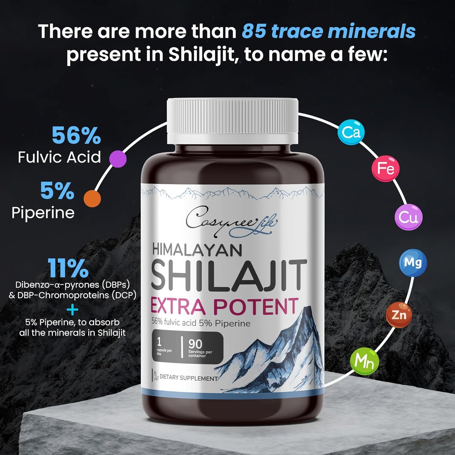 Organic Shilajit Himalayan Capsules with 56% Fulvic Acid & 5% Piperine | Energy Boost | 90 Capsules | Natural Source