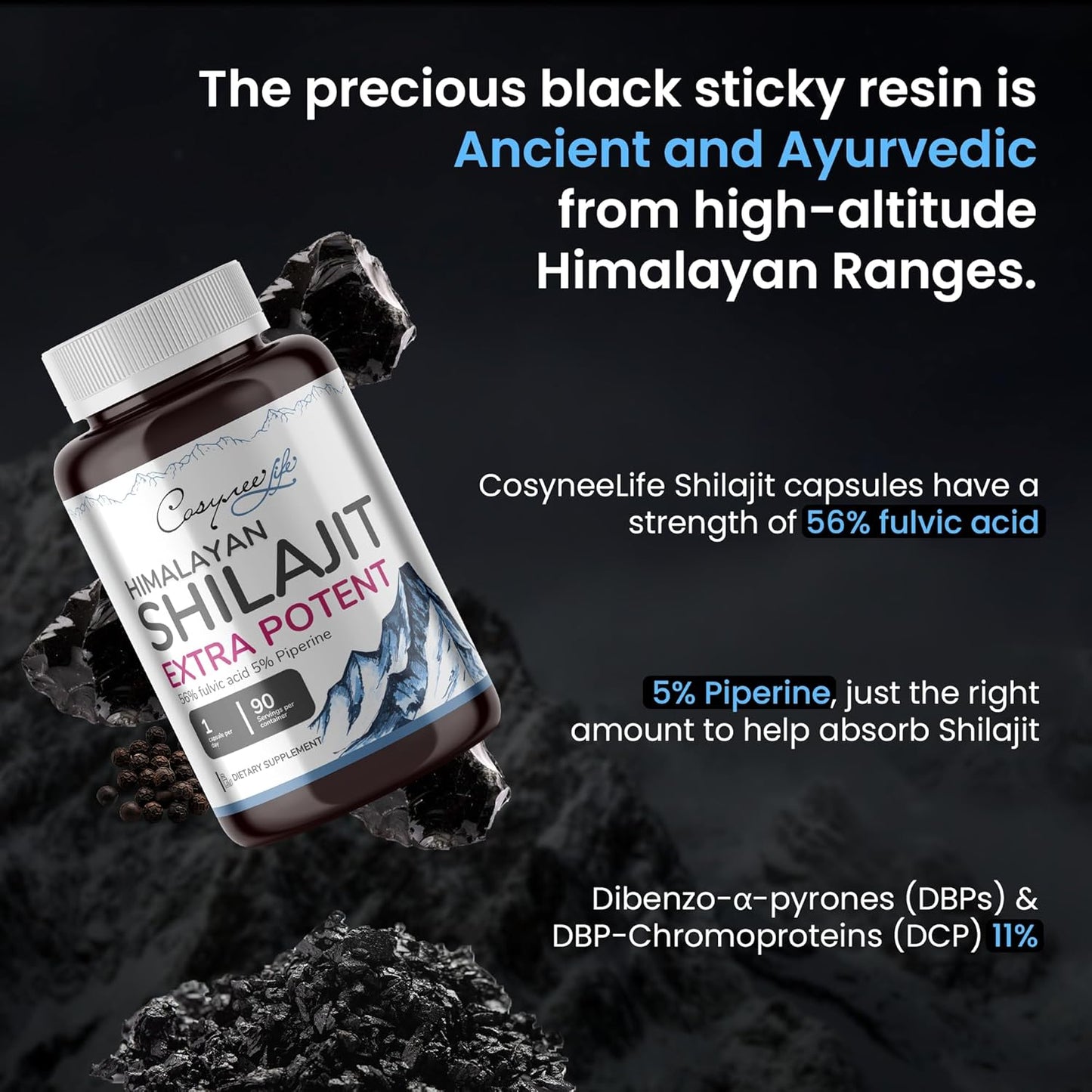 Organic Shilajit Himalayan Capsules with 56% Fulvic Acid & 5% Piperine | Energy Boost | 90 Capsules | Natural Source