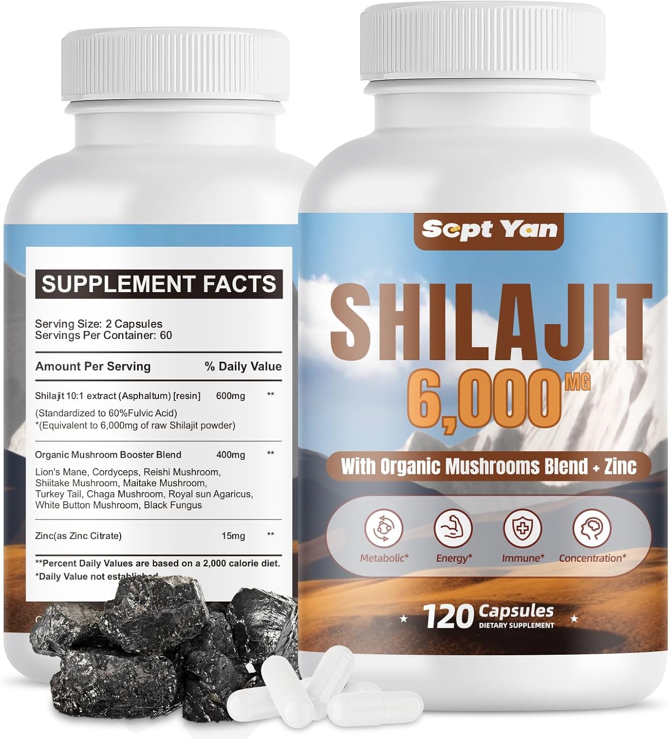 Organic Shilajit Himalayan Capsules with Mushrooms & Zinc - 2 Month Supply for Strength & Immune Health - 120 Count Vegan Supplement for Women & Men