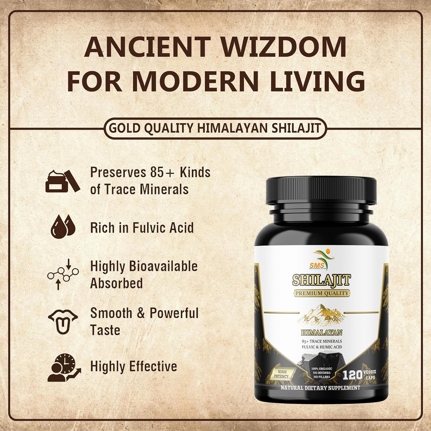Organic Shilajit Pure Himalayan Capsules - 1,000mg Fulvic Acid Supplement - 120 Count - 85+ Trace Minerals - No Fillers or Binders