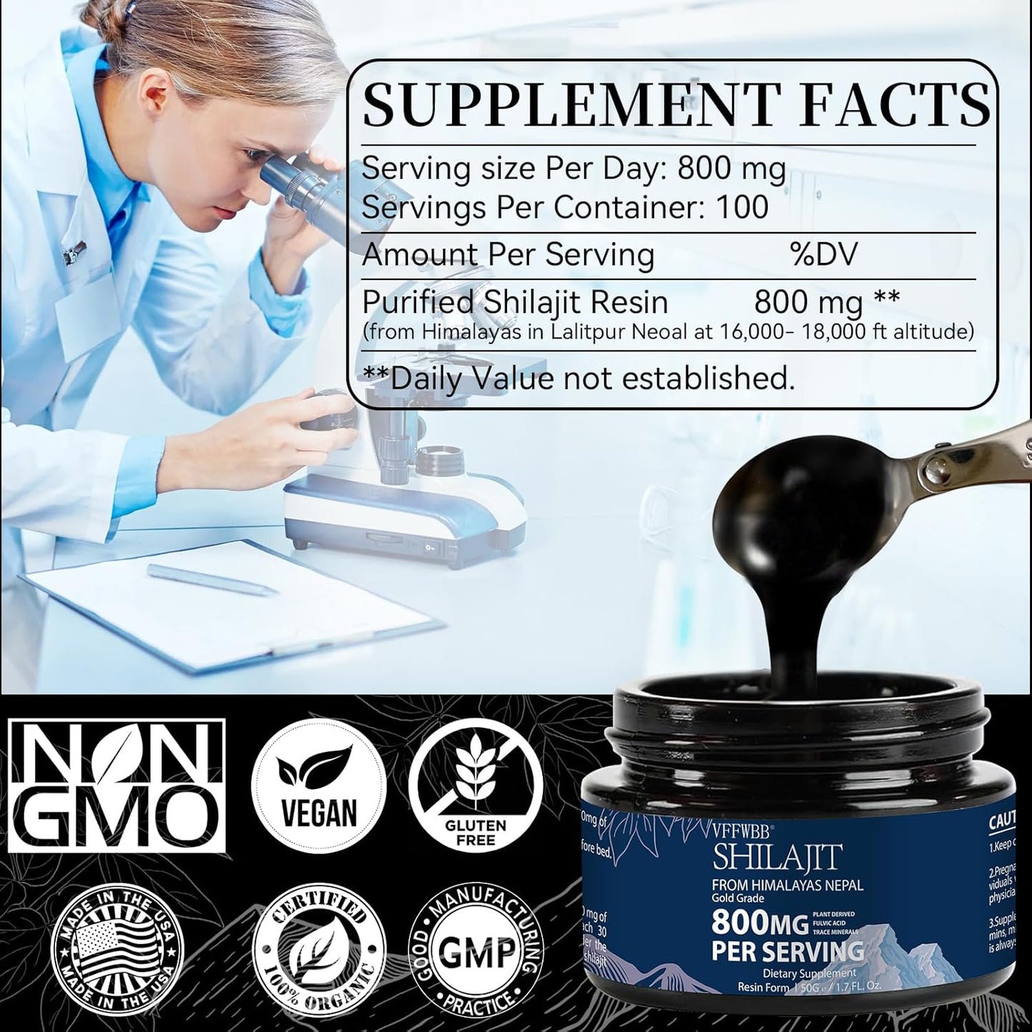 Organic Shilajit Resin-Gold Grade Supplement 800mg - Pure Himalayan Shilajit for Energy & Immune Support - Men and Women - 85+ Trace Minerals - Fulvic Acid - 100% Natural - 50g