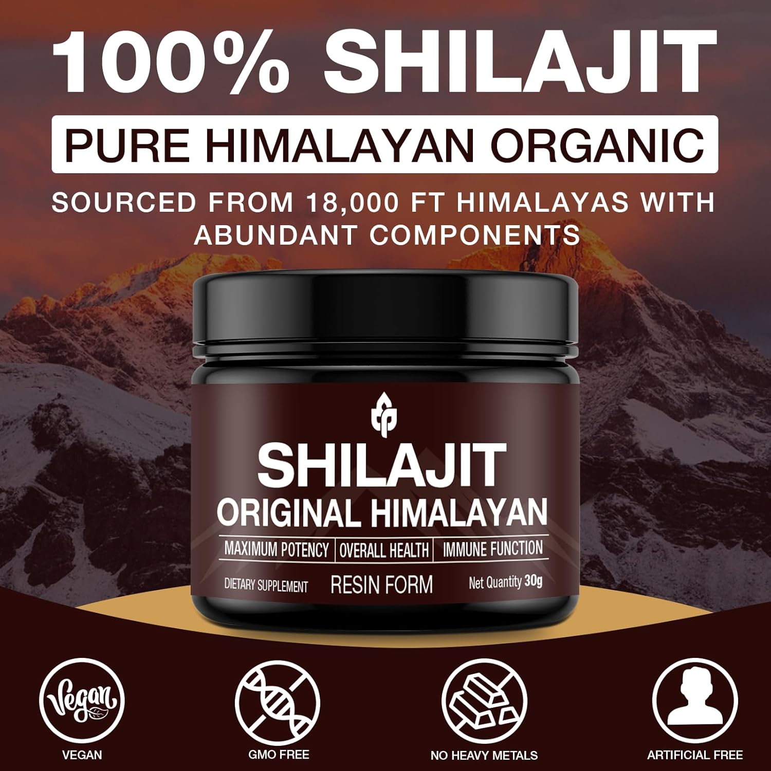 Organic Shilajit Resin Gold Grade Supplement for Energy & Immune Support, 100% Pure Himalayan Shilajit with 85+ Trace Minerals, Fulvic Acid, 30g (Unflavored)