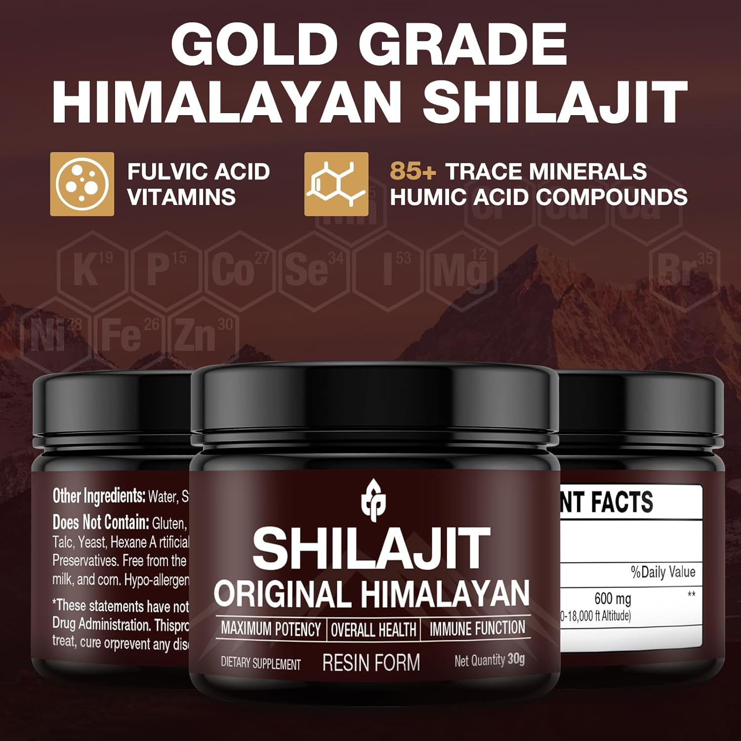 Organic Shilajit Resin Gold Grade Supplement for Energy & Immune Support, 100% Pure Himalayan Shilajit with 85+ Trace Minerals, Fulvic Acid, 30g (Unflavored)
