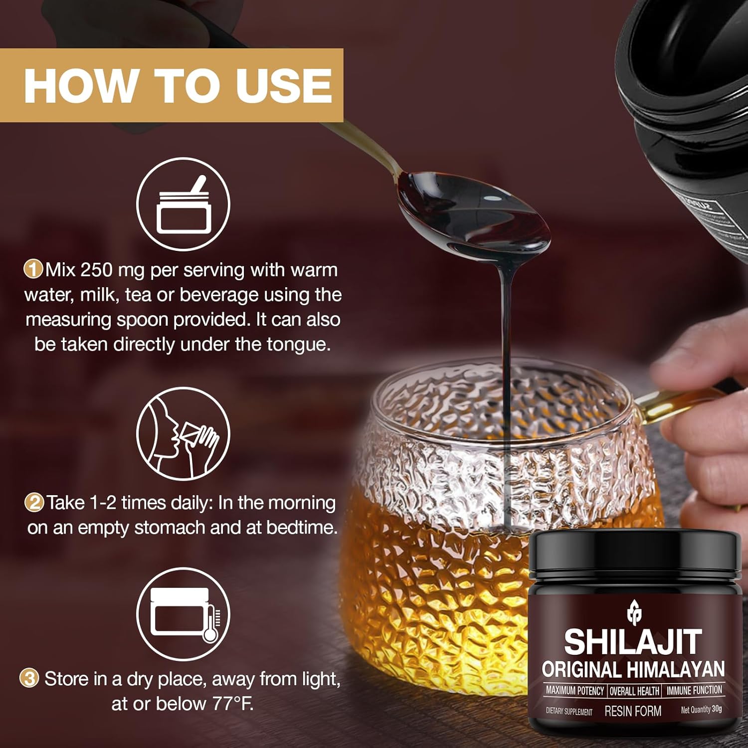 Organic Shilajit Resin Gold Grade Supplement for Energy & Immune Support, 100% Pure Himalayan Shilajit with 85+ Trace Minerals, Fulvic Acid, 30g (Unflavored)