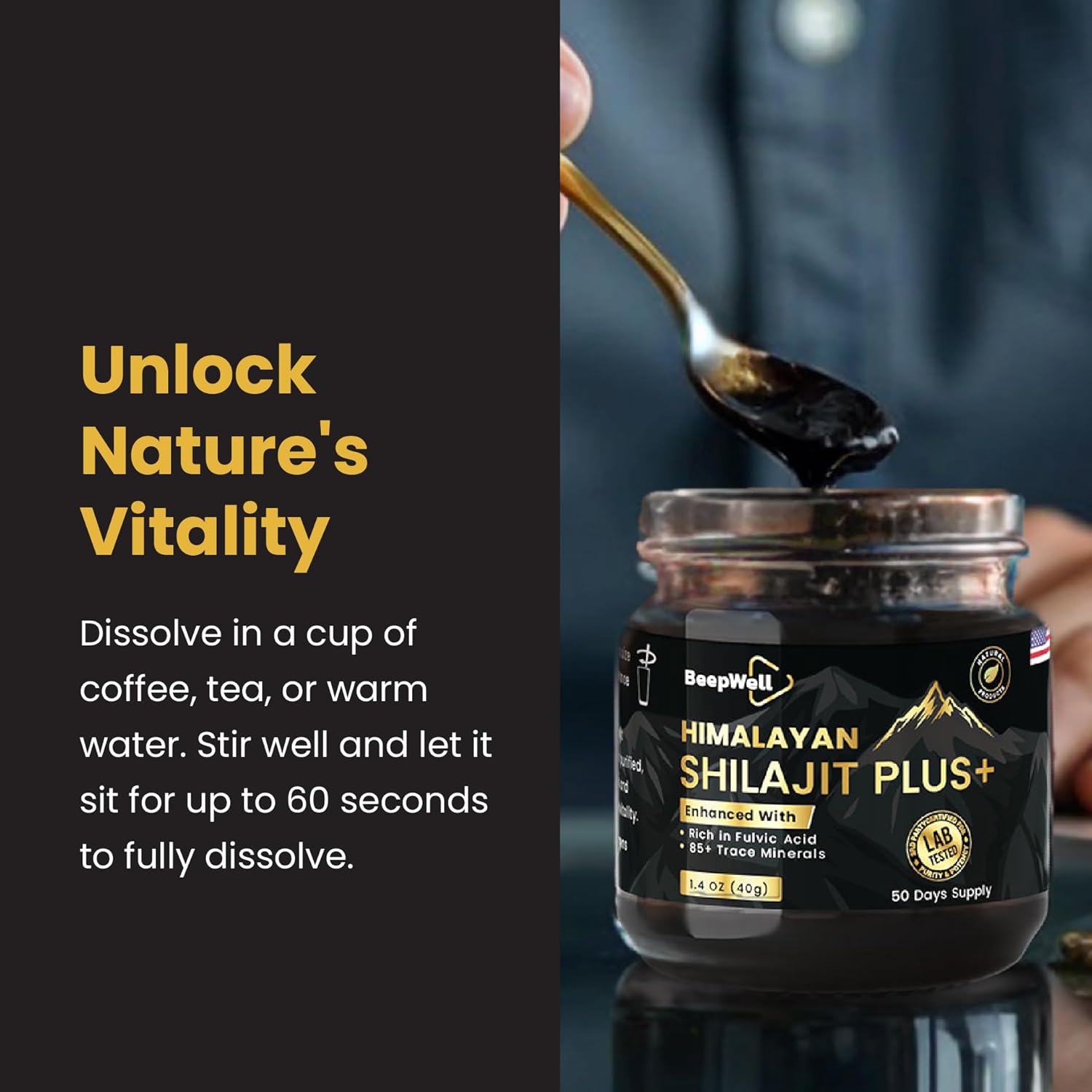 Organic Shilajit Resin with Ashwagandha & Maca Root for Men and Women - 72% Fulvic Acid, 85+ Trace Minerals - 40g - BoostGo Australia