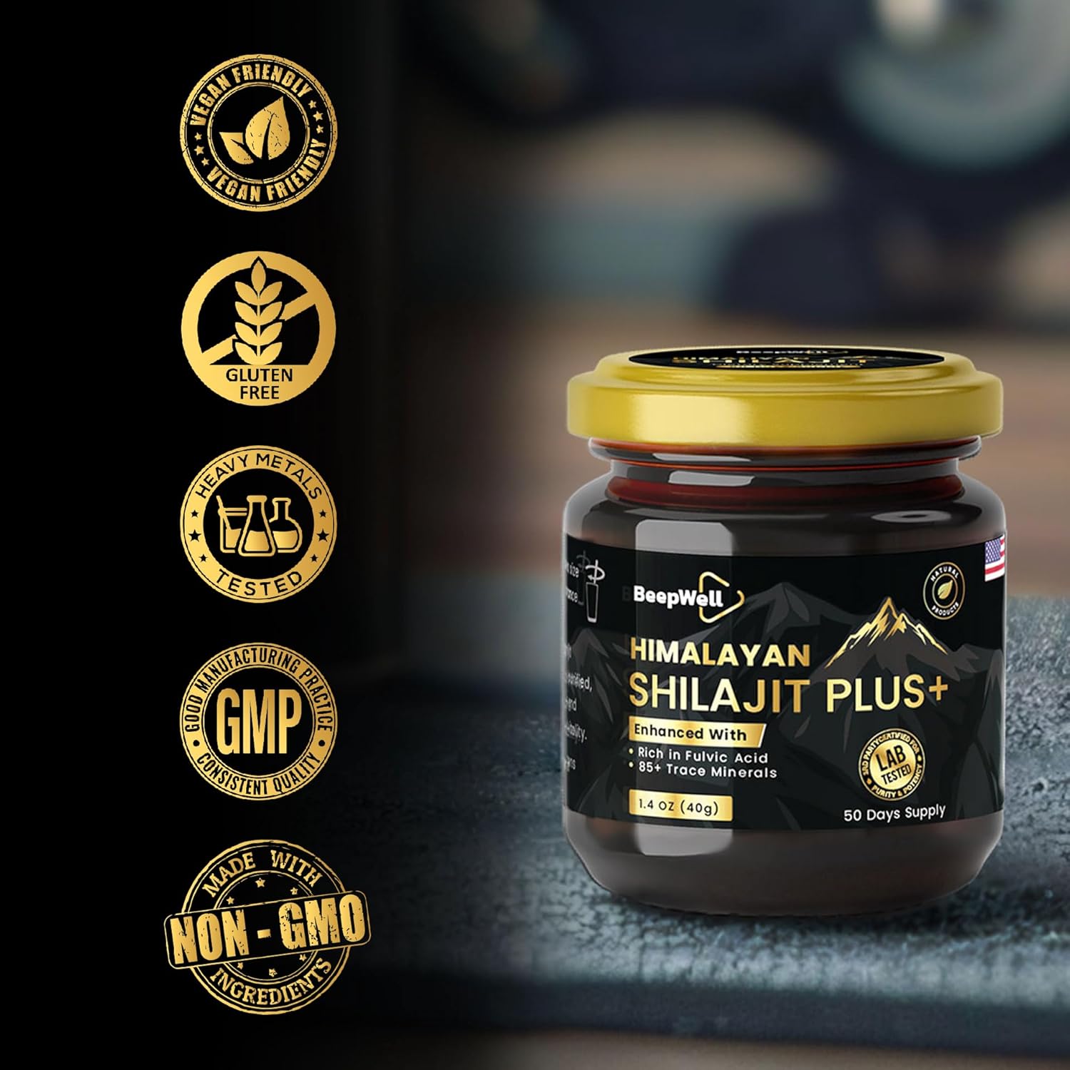 Organic Shilajit Resin with Ashwagandha & Maca Root for Men and Women - 72% Fulvic Acid, 85+ Trace Minerals - 40g - BoostGo Australia