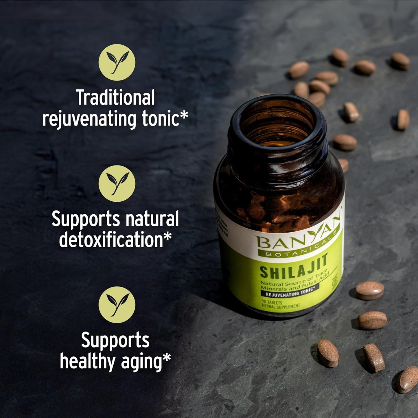 Organic Shilajit Supplement for Detox and Aging - 90 Tablets - Non GMO Vegan - Sustainable Mineral Pitch - Banyan Botanicals