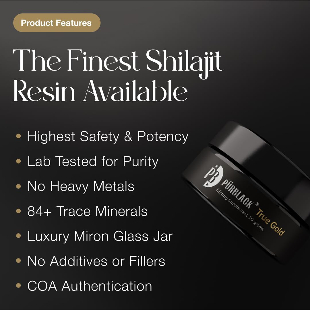 Organic Shilajit Supplement with True Gold Content | Pürblack® Live Resin Shilajit - High Bioavailability, Rich in Minerals & Antioxidants | Made in USA (60 Servings)