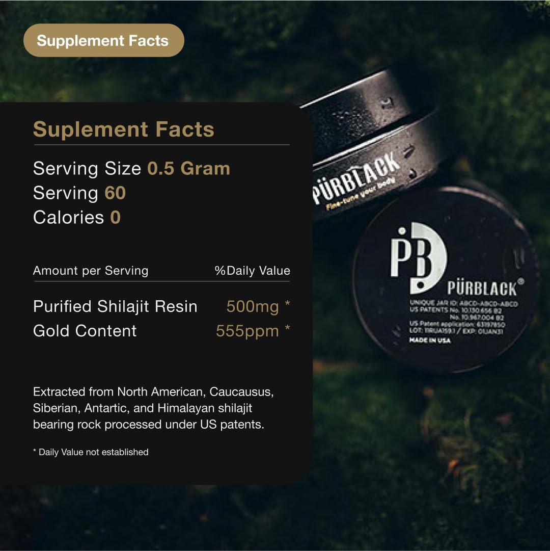 Organic Shilajit Supplement with True Gold Content | Pürblack® Live Resin Shilajit - High Bioavailability, Rich in Minerals & Antioxidants | Made in USA (60 Servings)