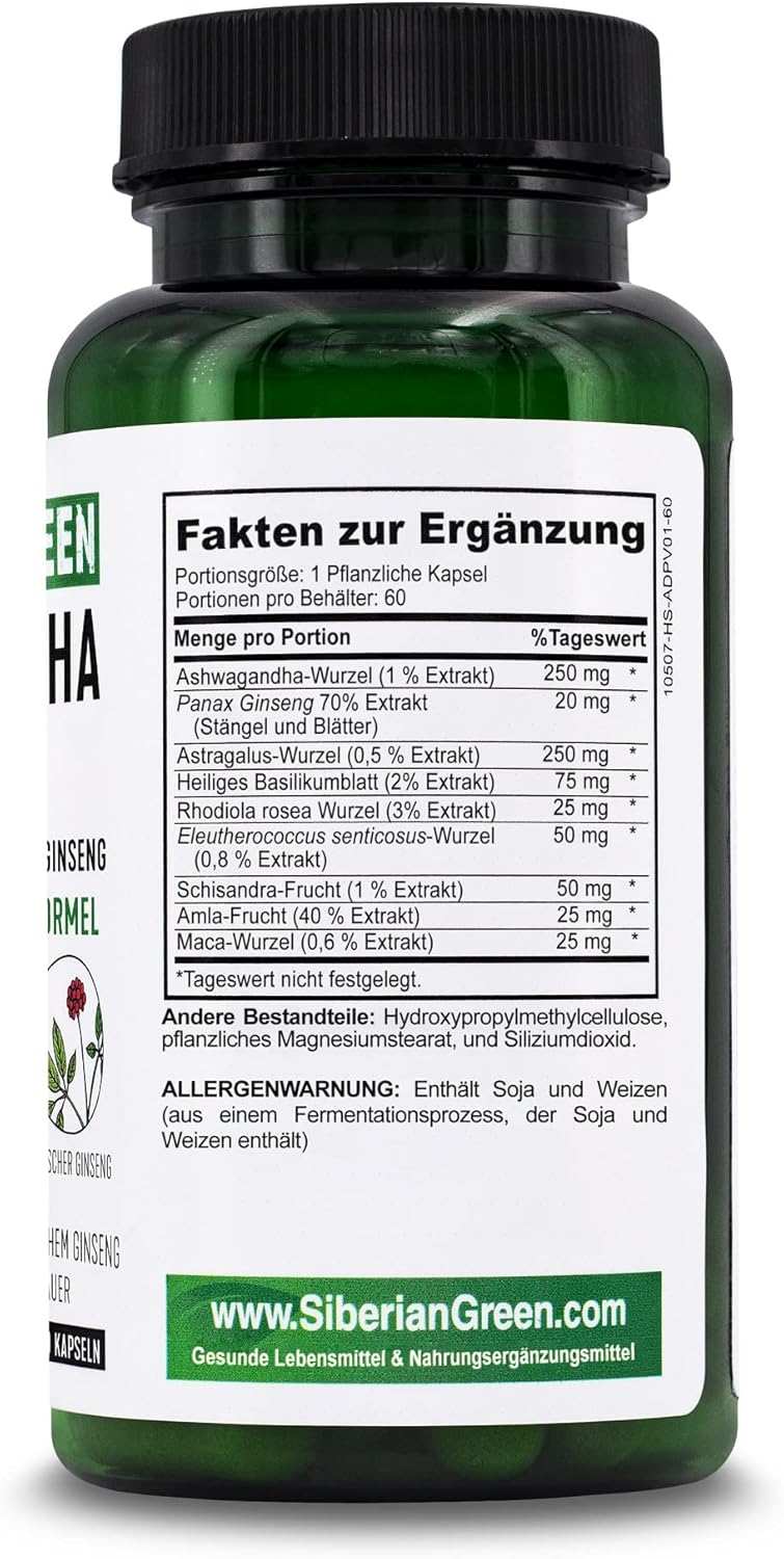 Organic Siberian Green Ashwagandha Root Capsules with Astragalus & Eleuthero Ginseng - Herbal Support Supplement
