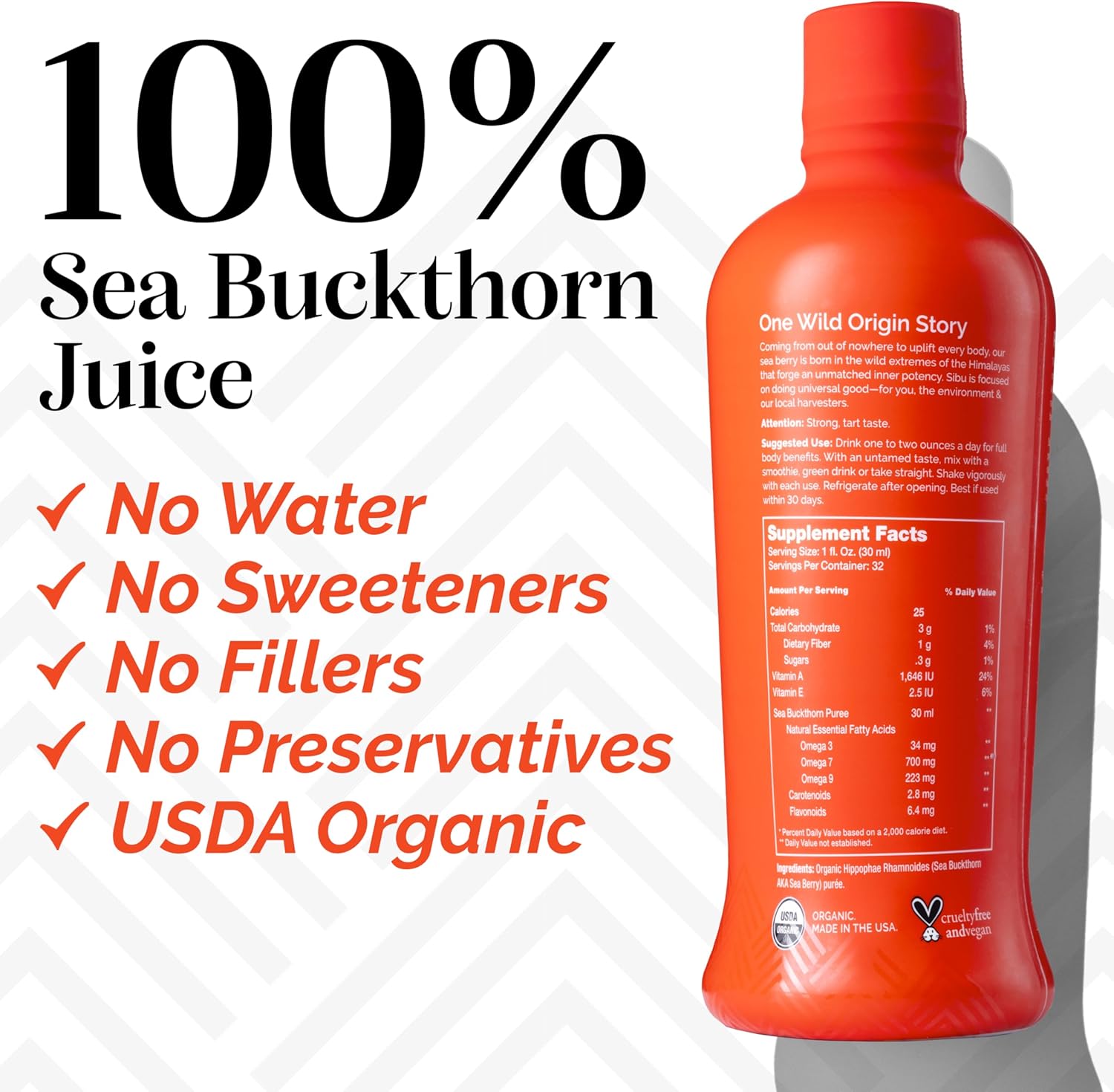 Organic Sibu Omega 7 Pure Sea Buckthorn Juice - 32 oz, Boosts Immunity, Cardiovascular Health, Skin, Hair, Nails