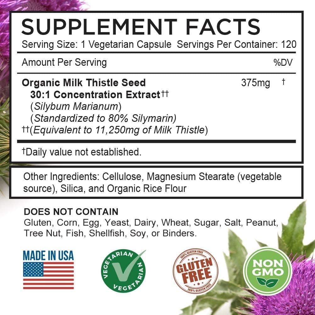 Organic Silymarin Milk Thistle Capsules | 375mg Strength | 30X Concentrated Seed Extract | Non-GMO | 120 Capsules