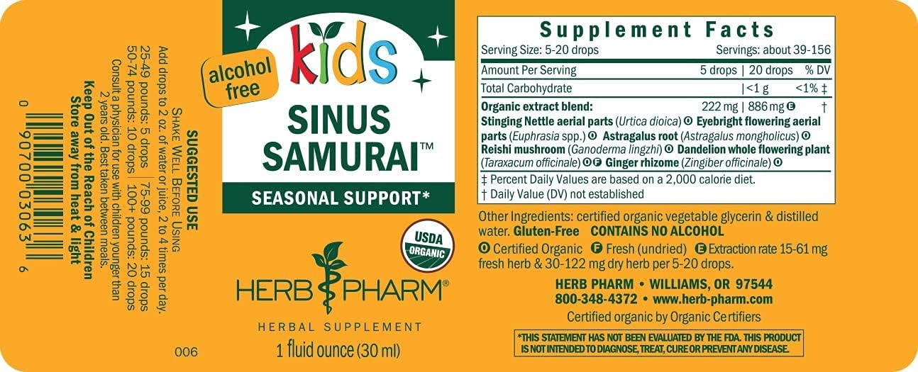 Organic Sinus Samurai & Immune Fortifier Herbal Formulas for Kids - 1 Fl Oz