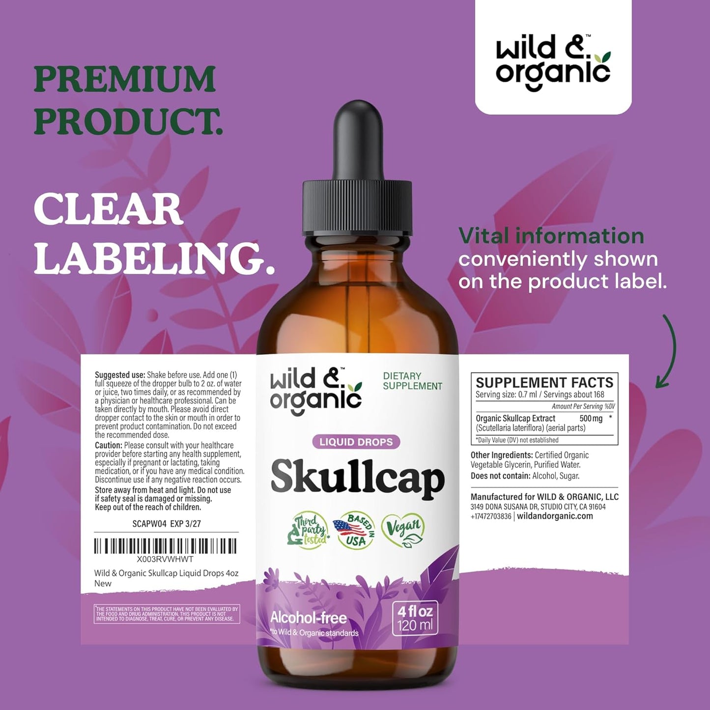 Organic Skullcap Herb Tincture for Mood Support - Relaxing Liquid Extract Drops - Vegan & Sugar-Free - 4 fl oz