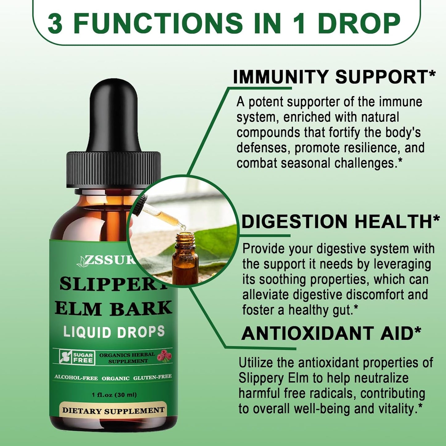 Organic Slippery Elm Bark Liquid Drops (2 Pack) - 1000mg Digestive Gut Health Supplement - Vegan & Alcohol-Free