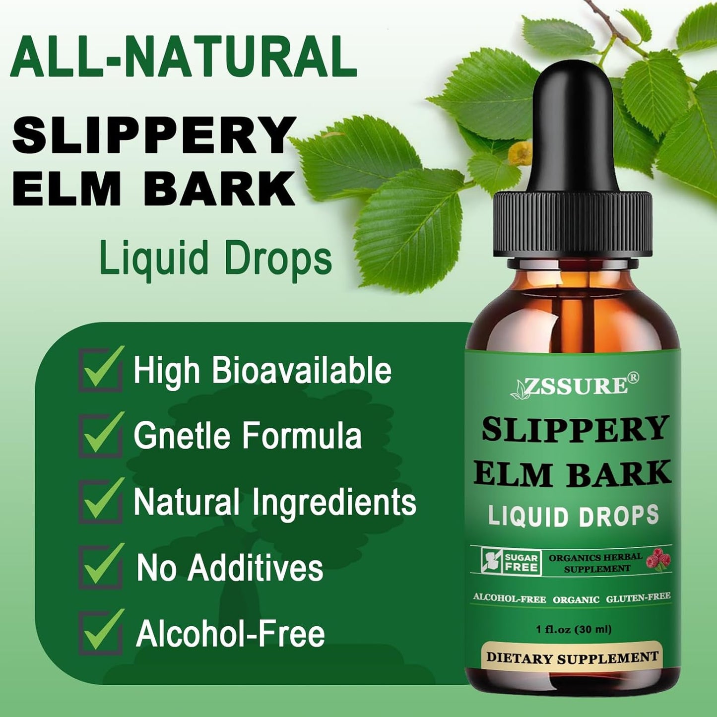 Organic Slippery Elm Bark Liquid Drops (2 Pack) - 1000mg Digestive Gut Health Supplement - Vegan & Alcohol-Free