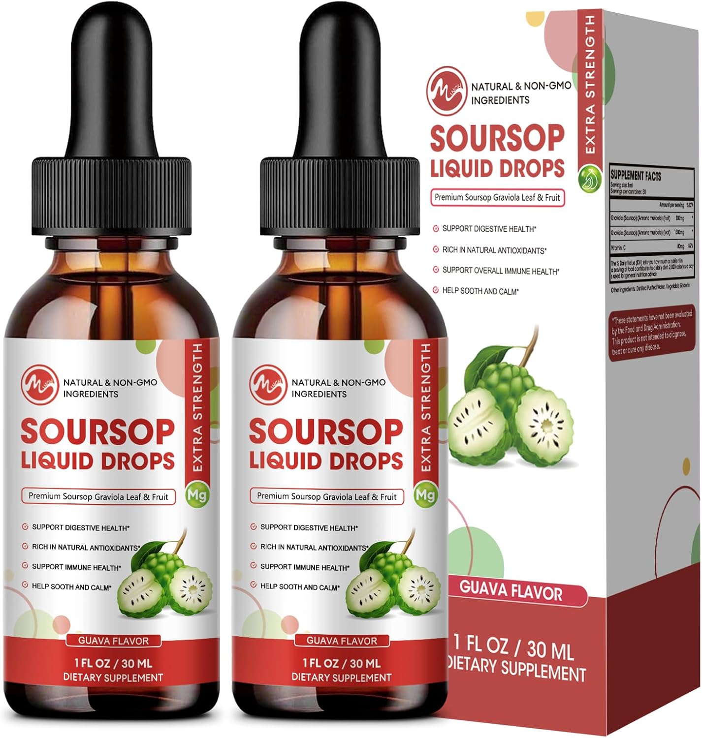 Organic Soursop Bitters Liquid Drops - Sugar Free Graviola Extract for Cell Support and Immune Boost - Guava Flavor - 2 Pack