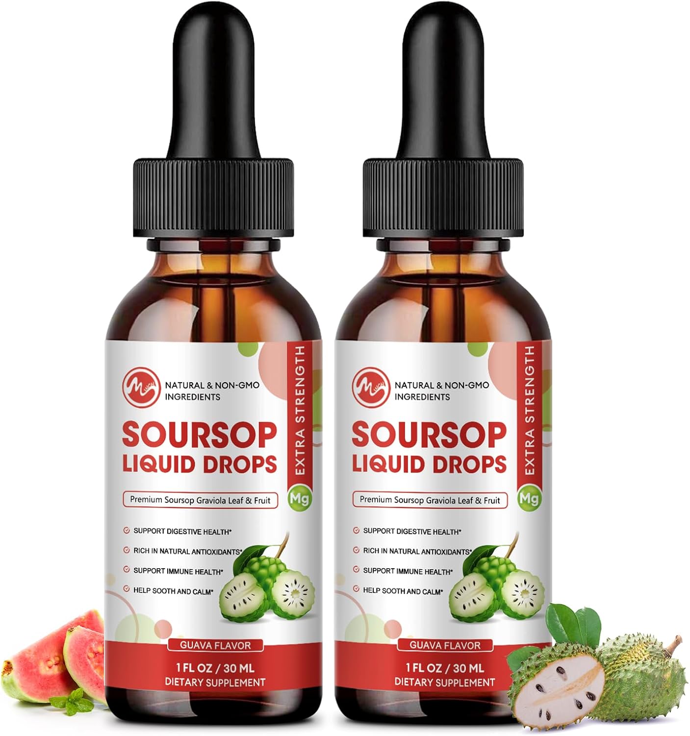 Organic Soursop Bitters Liquid Drops - Sugar Free Graviola Extract for Cell Support and Immune Boost - Guava Flavor - 2 Pack