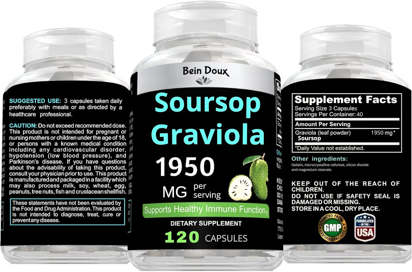 Organic Soursop Graviola Capsules - 1950mg, Rich in Anti-Oxidants - 120 Capsules, 40 Servings - BoostGo Australia