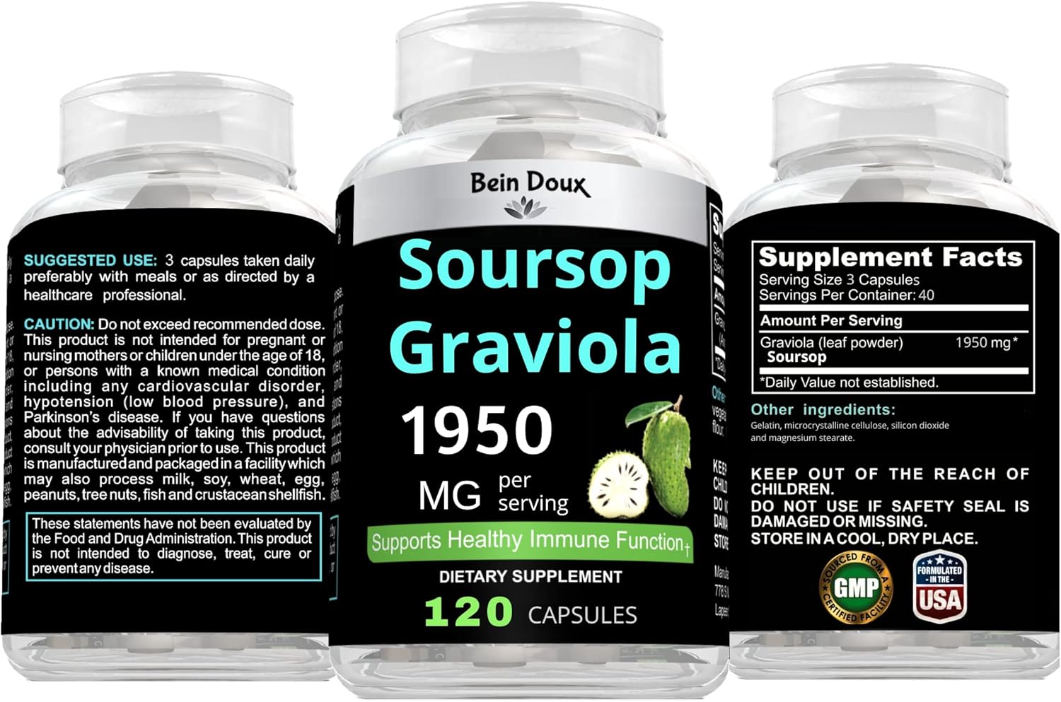 Organic Soursop Graviola Capsules - 1950mg, Rich in Anti-Oxidants - 120 Capsules, 40 Servings - BoostGo Australia