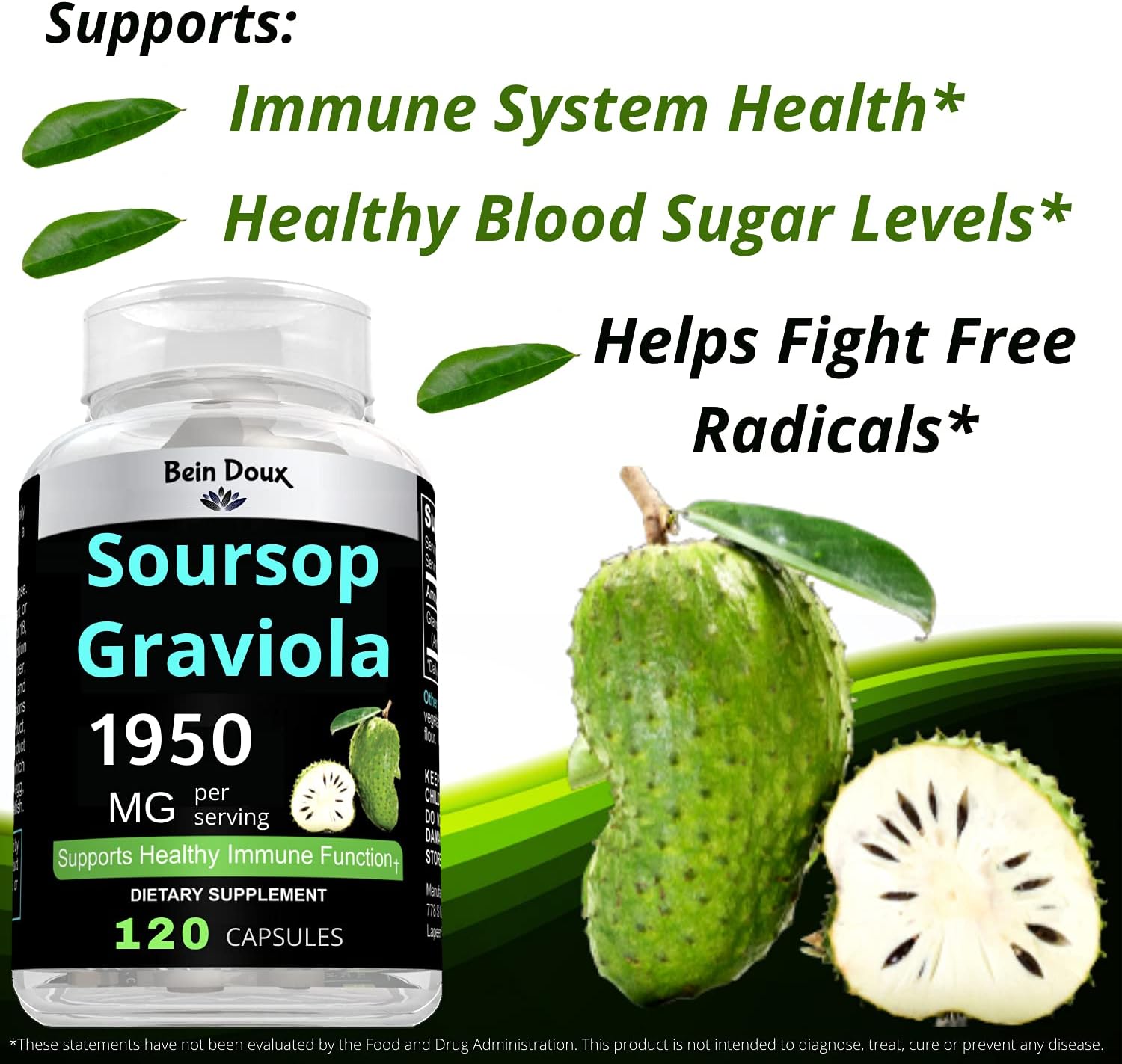 Organic Soursop Graviola Capsules - 1950mg, Rich in Anti-Oxidants - 120 Capsules, 40 Servings - BoostGo Australia
