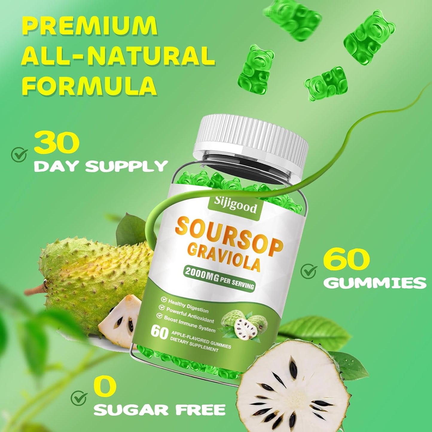 Organic Soursop Graviola Gummies - 2 Pack with Digestive Aid & Immune Support - 120 Apple Flavored Antioxidant Gummies